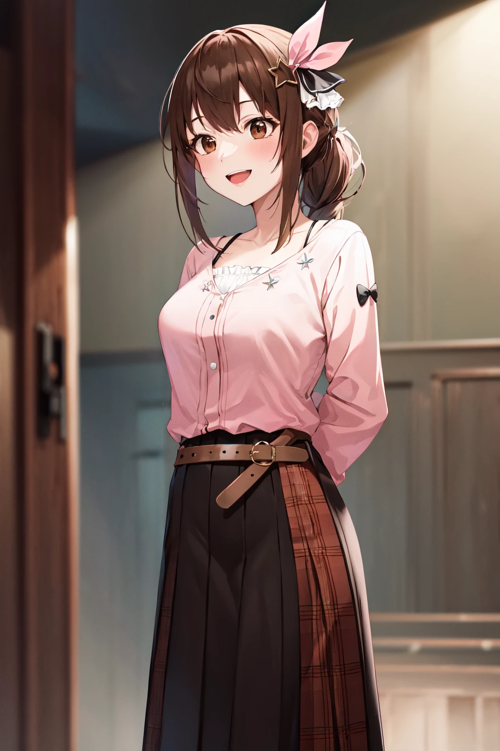 masterpiece, best quality, highres, ts2, brown eyes, pink shirt, long skirt, belt, long sleeves, breasts, <lora:tokino_sora_v20a:0.7>, cowboy shot, standing, arms behind back, smile, open mouth,