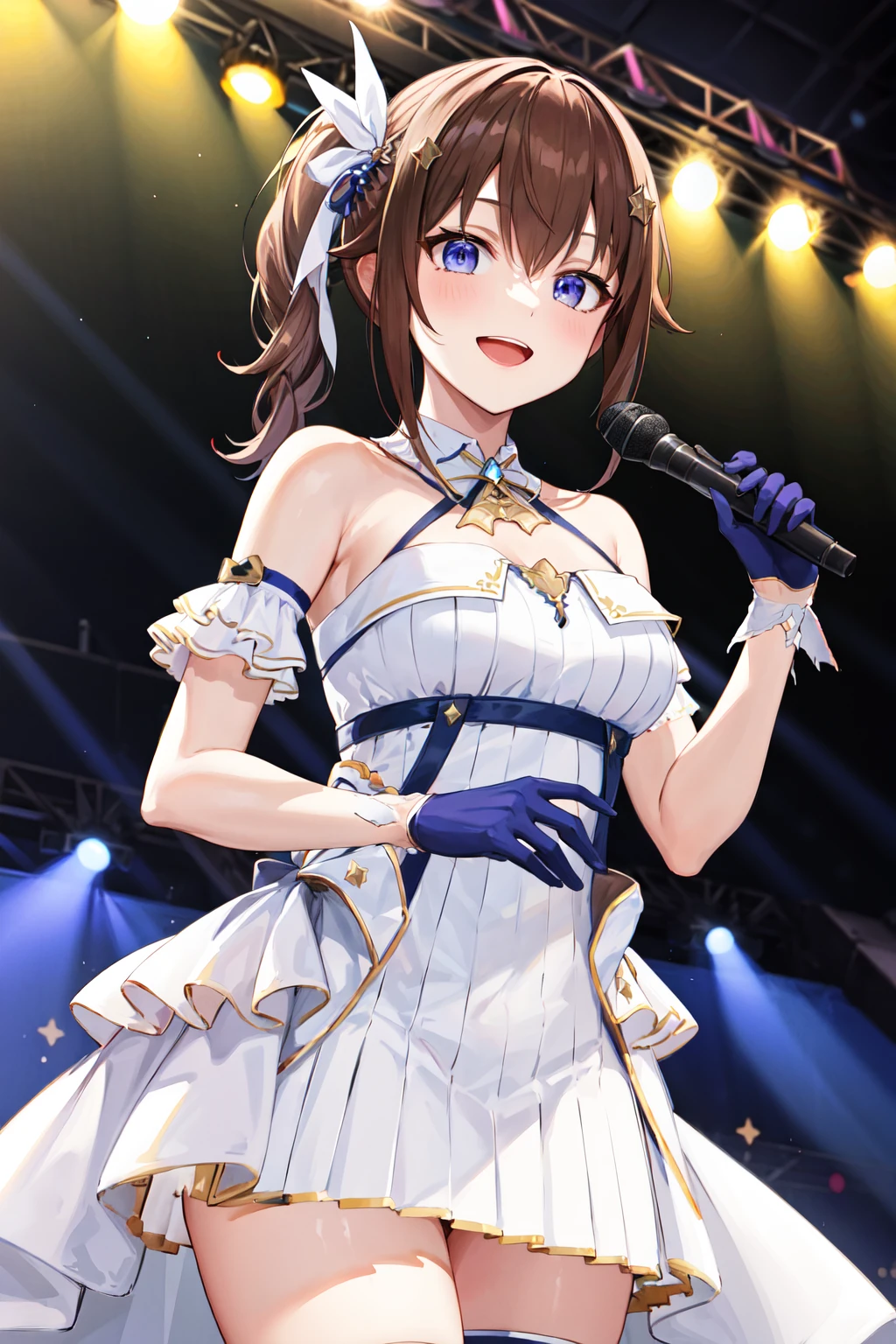 masterpiece, best quality, highres, ts3, side ponytail, white dress, blue gloves, bare shoulders, breasts, <lora:tokino_sora_v20a:0.7>, cowboy shot, smile, holding microphone, singing, open mouth, stage