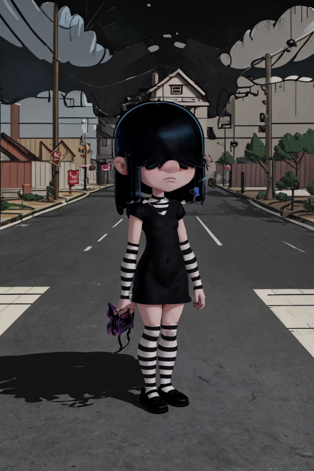 female child lucy loud, hair over eyes, black dress, striped pantyhose, chibi, standing on a sidewalk in suburbs <lora:lucy_loud1-10:1>