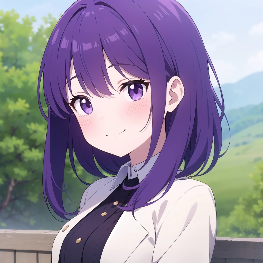 1girl, purple hair,upper body, smile,blush