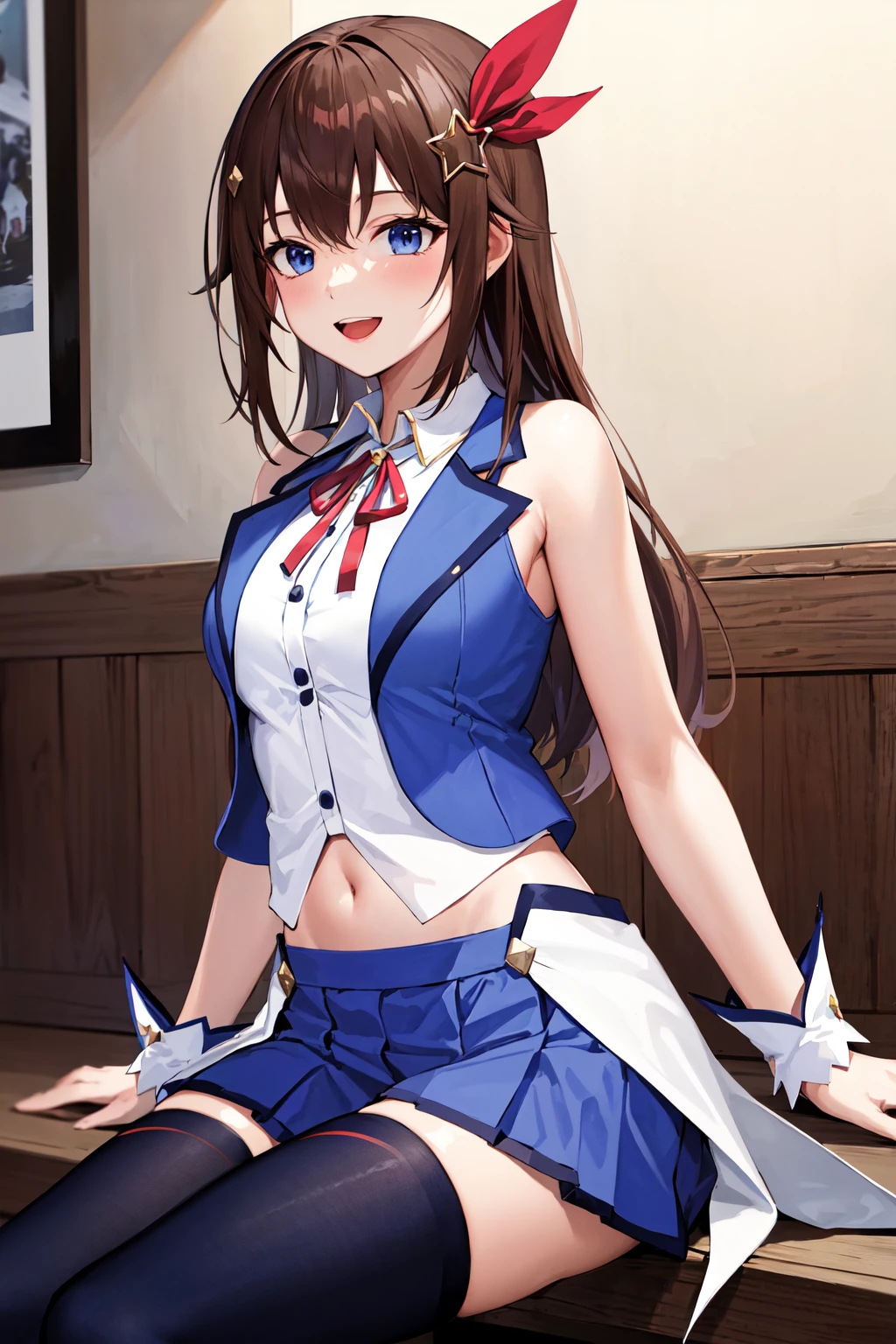 masterpiece, best quality, highres, ts1, white shirt, blue vest, sleeveless, blue thighhighs, blue skirt, waist cape, wrist cuffs, leg ribbon, neck ribbon, midriff, breasts, <lora:tokino_sora_v20a:0.7>, cowboy shot, sitting, smile, open mouth,