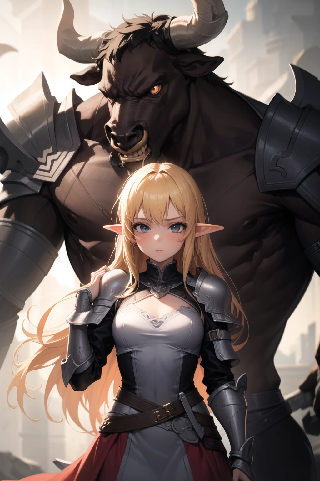 <lora:minotaur_v0.1b:1> 
1girl, elf, blonde hair, couple,
minotaur, armor,, masterpiece, best quality, highly detailed