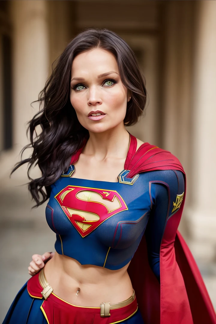 (SFW:1.4), sexy (TarjaTurunenQuiron woman) , Posing for a photo,(wearing supergirl_cosplay_outfit:1.3),crop_top, good hand,4k, high-res, masterpiece, best quality, head:1.3,((Hasselblad photography)), finely detailed skin, sharp focus, (cinematic lighting), collarbone, night, soft lighting, dynamic angle, [:(detailed face:1.2):0.2],(((5 stars hotel))), outside,, photo by Lorna Simpson, (natural skin texture, hyperrealism, soft light, sharp:1.2), (intricate details:1.12), hdr masterpiece, best quality, (highly detailed photo:1.1), Hands in pockets pose,8k, photorealistic ,
 <lora:quiron_TarjaTurunen_v5:1>