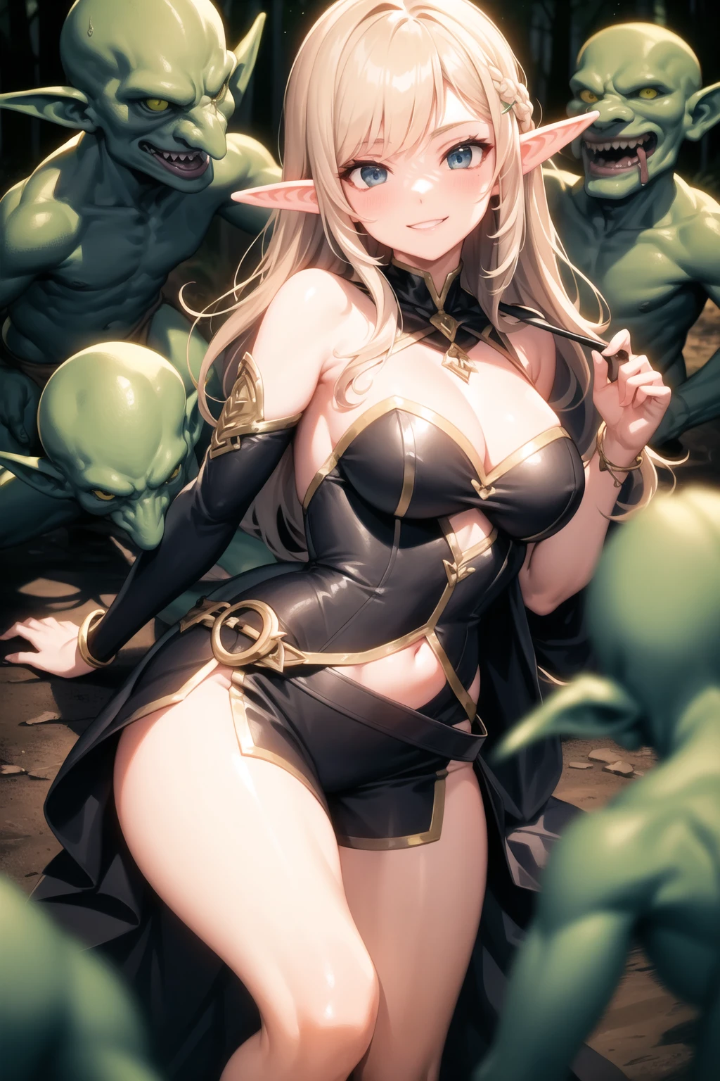 <lora:goblin_v0.1a:1>
goblin, multiple boys, 1girl, smile, forest, elf. blonde hair,, masterpiece, best quality, highly detailed