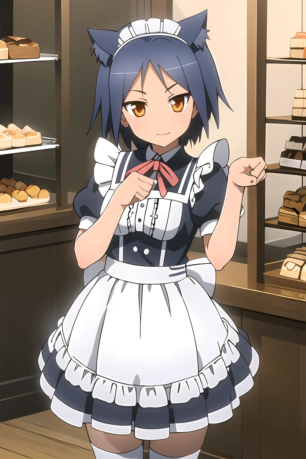 masterpiece, 1girl, galil ar \(upotte!!\), frilly dress, maid outfit, nya, maid cafe, confectionary display, bakery, cat pose, cute