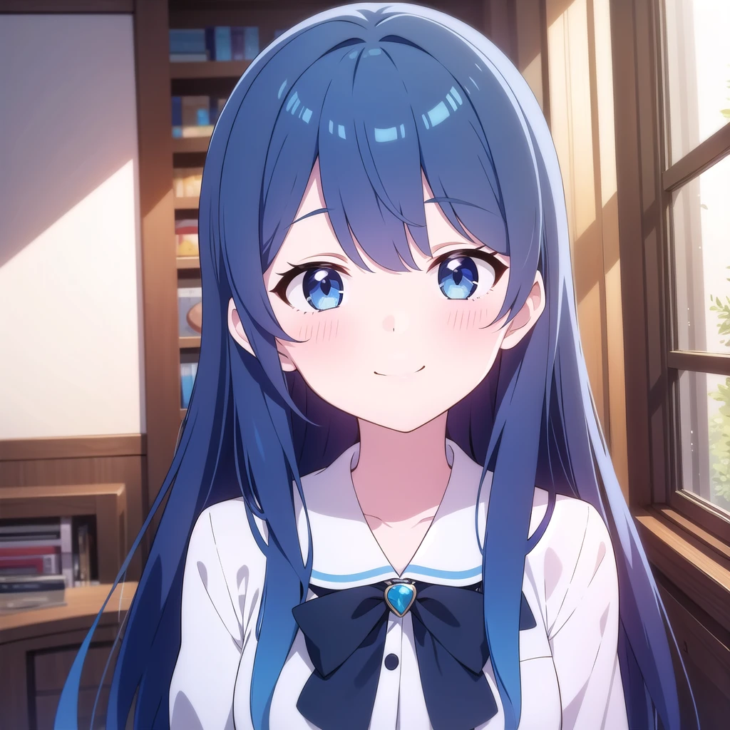 1girl, blue hair,upper body, smile,blush,indoors,long hair,