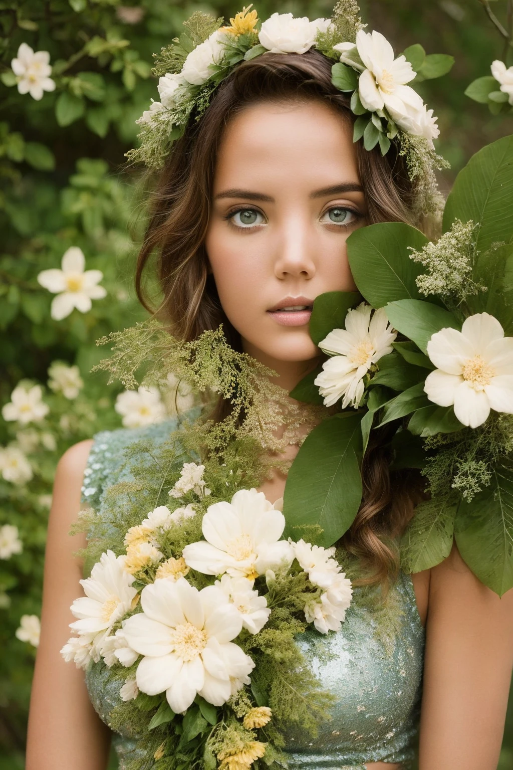 <lora:Katya_Clover:1> pointilism dance performance with flowers, dancing sensually in a green lush floral ball butter sculpture environment, highly colored, Kodak color, posteresque, circular composition, studio photography, highly colored, stunning, patterned photography by andreas gusrki, surreal portrait photography for the haute couture awards with flowers around (sharp focus on eyes) (skin texture:1.2)