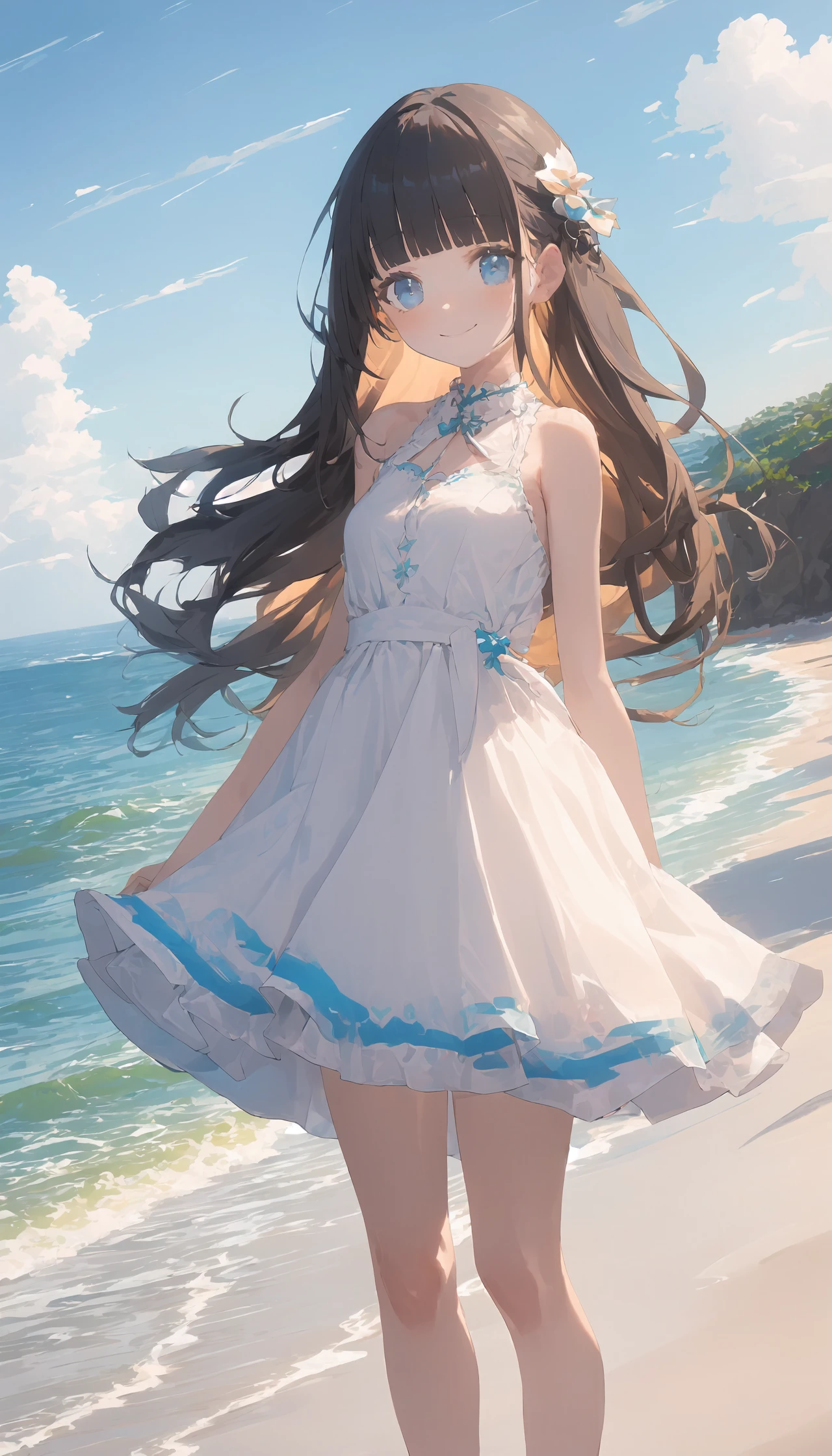 (masterpiece, best quality), 1girl, very long hair, solo, sidelocks, white dress, smile, blunt bangs, sundres, outdoors, black hair, ocean, beach, blue eyes, standing, sky, sleeveless dress, day, blush, small breasts, feet out of frame, bare shoulders, cloud