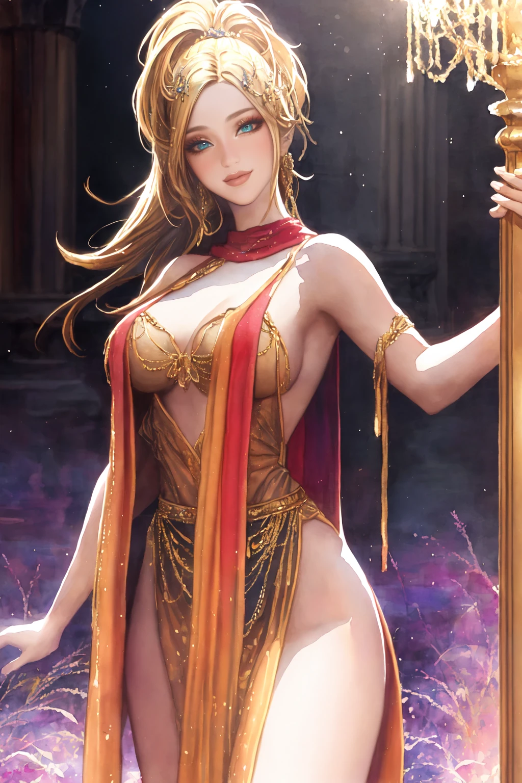 masterpiece,4K,best quality,absurdres, white background ,smiling,(masterpiece, top quality, best quality, official art, beautiful and aesthetic:1.2), extreme detailed, colorful, highest detailed, (watercolour painting:1.3), optical mixing, playful patterns, lively texture, rich colors, unique visual effect, (masterpiece, top quality, official art), (light painting), (long exposure:1.2), dynamic streaks, extreme detailed, Highly detailed, High Quality, Masterpiece, Rikku, <lora:Rikku:0.7>, cowboy shot, light smile, looking at viewer, (hc_gown, wearing hc_gown), <lora:Outfit_HauteCoutureGowns:0.8>, blonde hair, red and black, slumped, draped, dress, (detailed face and eyes:1.3), green eyes
