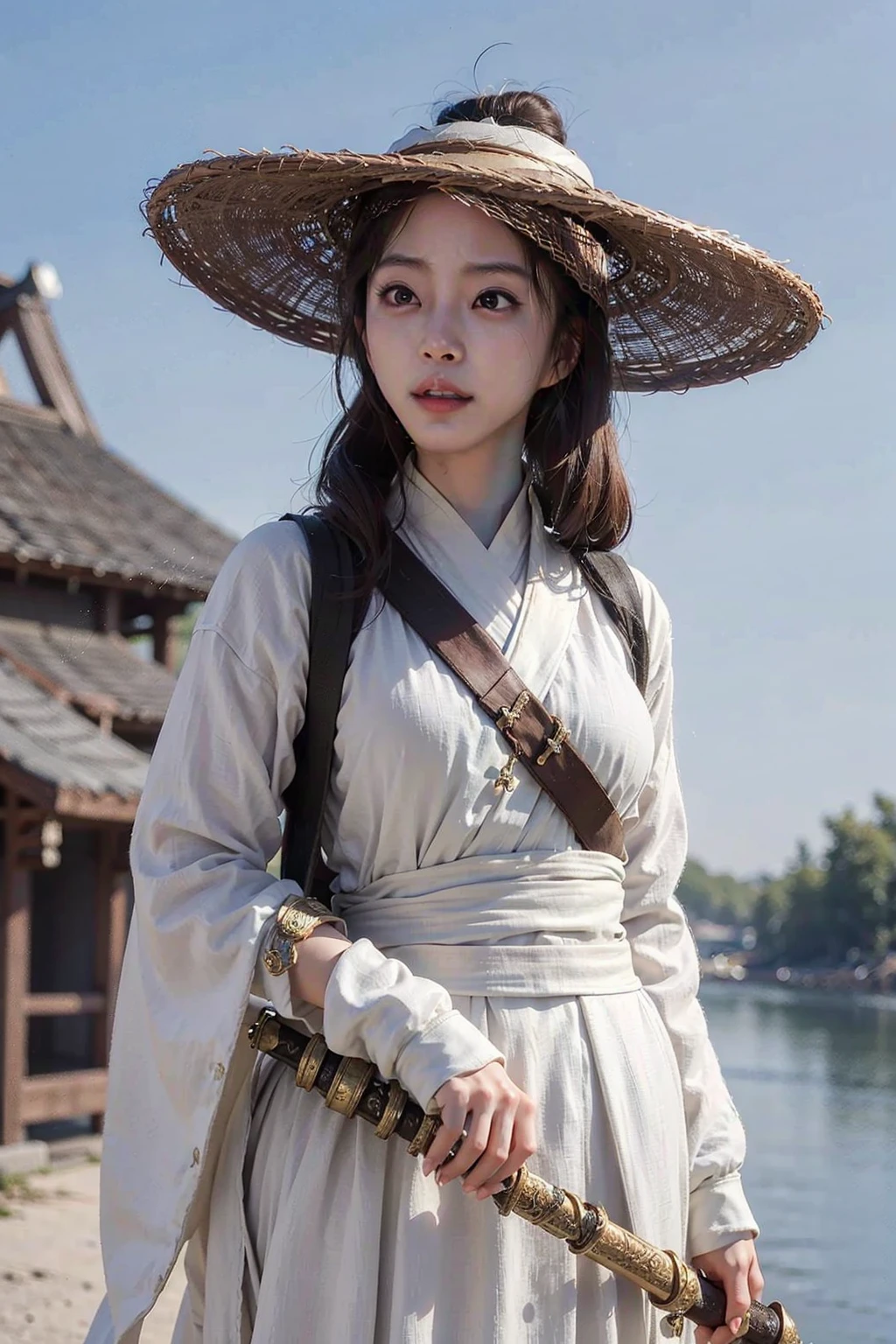 1girl dress like move The Flying Swords of Dragon Gate, white_linen_clothes, furry_caot, bamboo_hat, masterpiece, best quality, 8k, photorealistic, <lora:Han_Ye_Seul_v3:1>