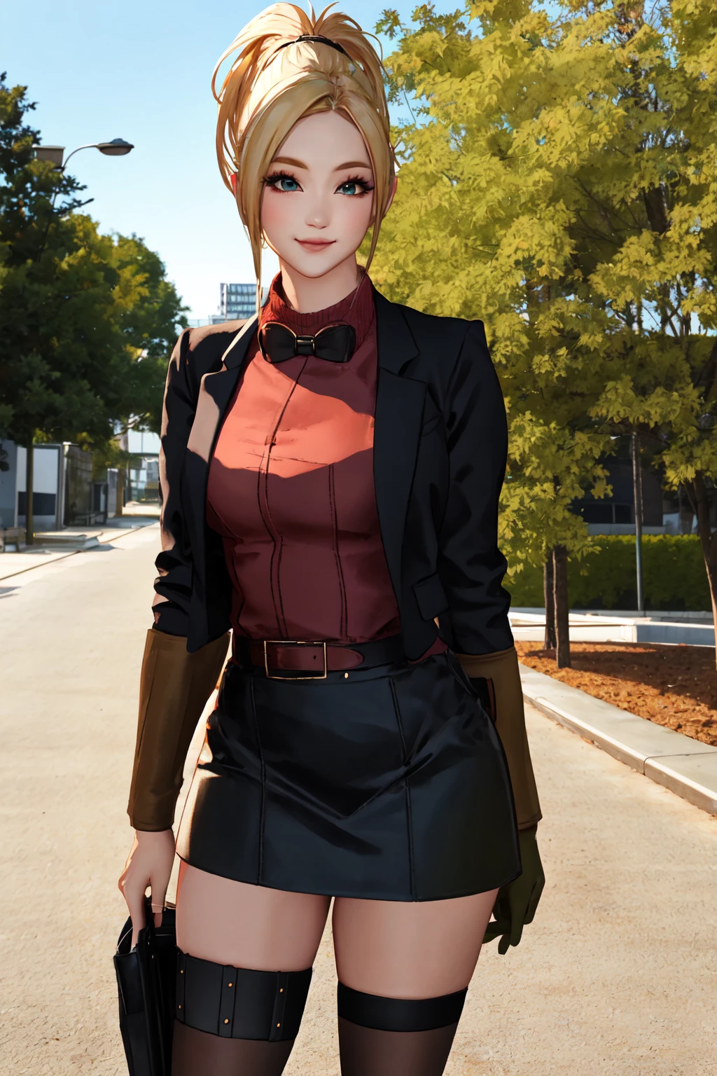 Highly detailed, High Quality, Masterpiece, beautiful, 1girl, Rikku, <lora:Rikku:0.8>, blonde hair, light smile, black skirt, black thighhighs, red bowtie, black jacket, cardigan