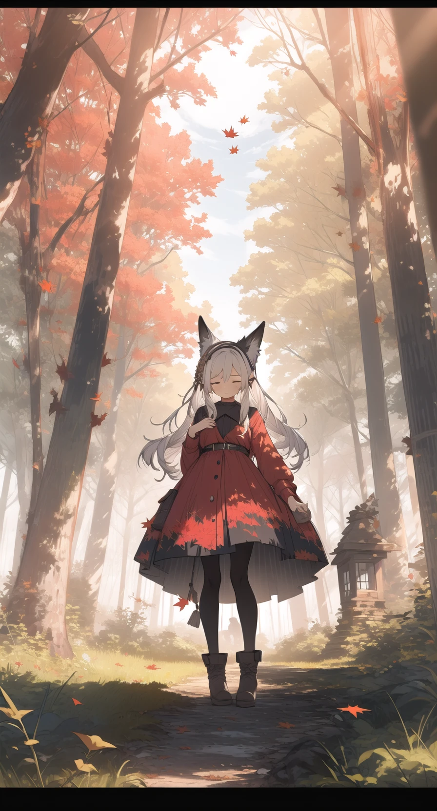 1girl, tree, long hair, nature, letterboxed, forest, outdoors, animal ears, closed eyes, solo, autumn leaves, standing, dress, scenery, autumn, leaf, animal, boots, long sleeves, white hair, sun, pantyhose, fox ears, grass, day, smile, closed mouth
<lora:forestlightV1-000008:1>