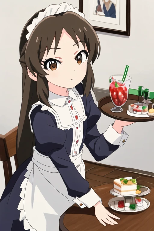 Tachibana Arisu, 1girl, brown eyes, food, brown hair, solo, fruit, maid, long hair, maid headdress, drink, cake, tray, strawberry, glass, apron, looking at viewer
 <lora:arisu-u149-anime-v1.0:1>