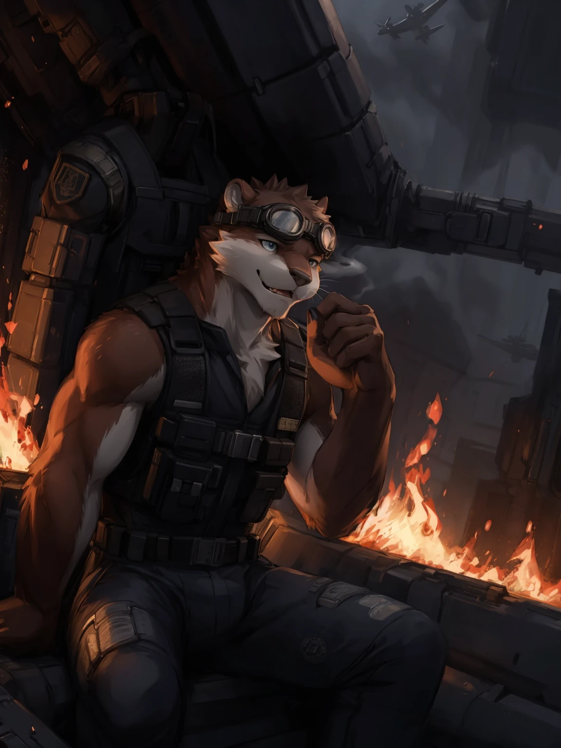 furry otter, brown fur, pilot, sitting in cockpit, battle, wearing large flight goggles, transparent goggles, fire, smoke, bulletproof vest, glass, <|startoftext|>
anime, movie scene style, style scenic, extremely detailed, expressive, dramatic light, epic setting, very detailed, light against darkness, photography, hyper realistic, moody, cinema lighting, intricate detail, depth of field, bokeh