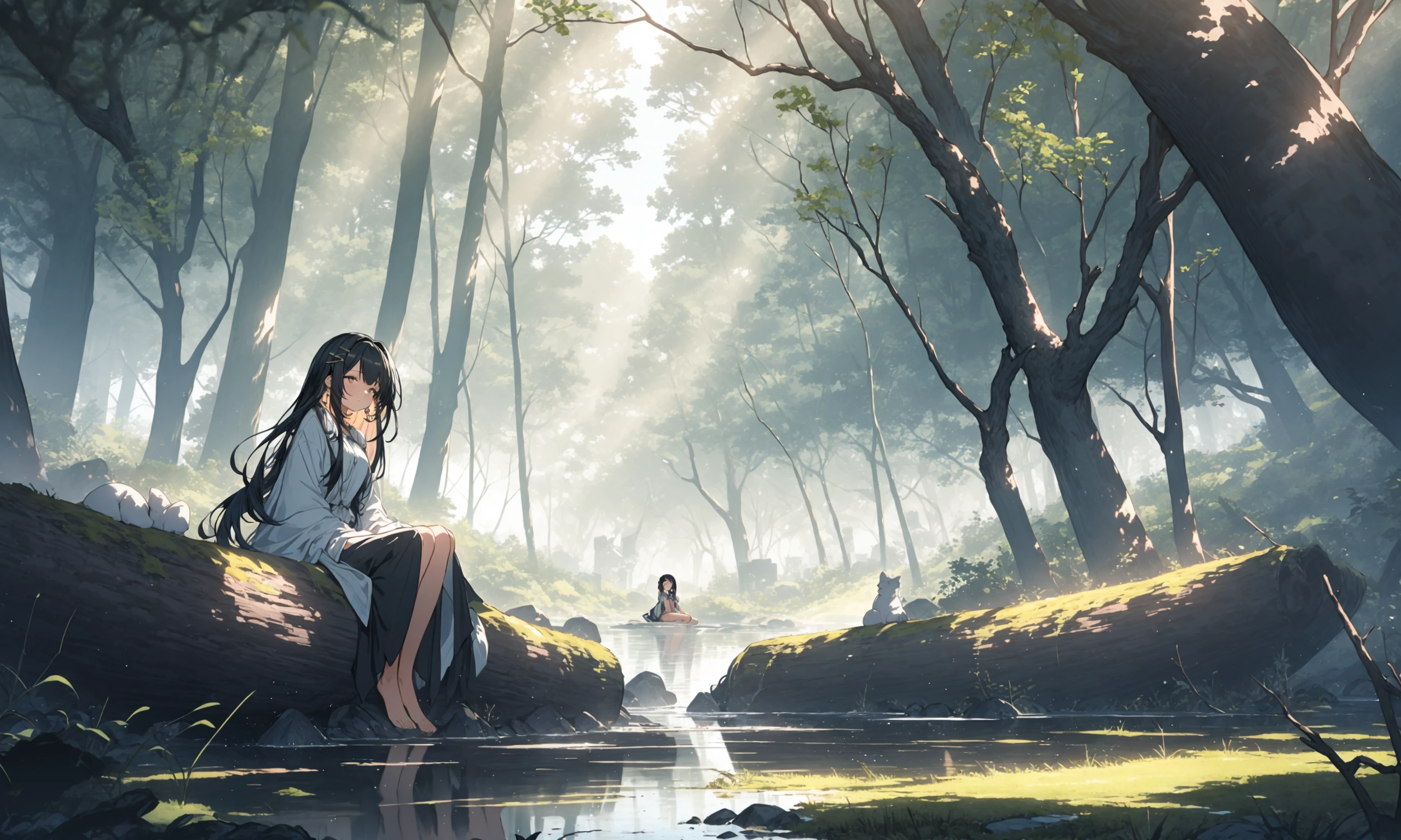 1girl, bare_tree, black_hair, branch, bush, day, earrings, forest, grass, hair_ornament, hairclip, log, long_hair, nature, outdoors, plant, pond, river, rock, scenery, sitting, soaking_feet, solo, sunlight, tree, water
<lora:lightV1-000008:1>