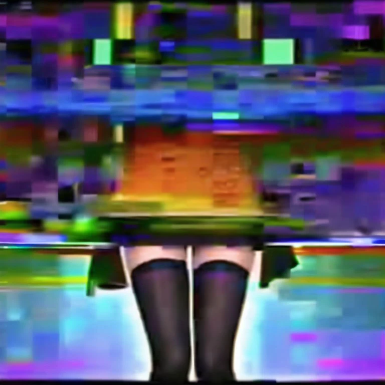 <lora:VHS3:1.0> , VHS, VHS footage of, distortion,  [glitch], blue eyes, bread, checkered, food, skirt, solo, thigh-highs, thighhighs