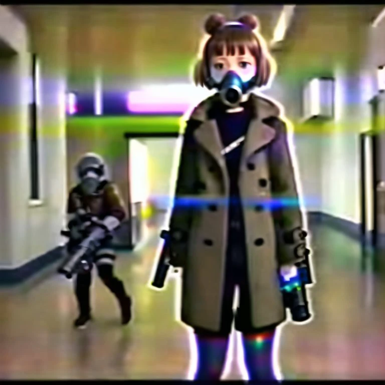 <lora:VHS3:1.0> , VHS, VHS footage of, distortion,  [glitch], 1girl, bullpup, choker, coat, double bun, gas mask, gun, highres, hologram, light brown hair, open mouth, p90, red eyes, santansoo, short hair, skindentation, smile, submachine gun, thigh strap, weapon