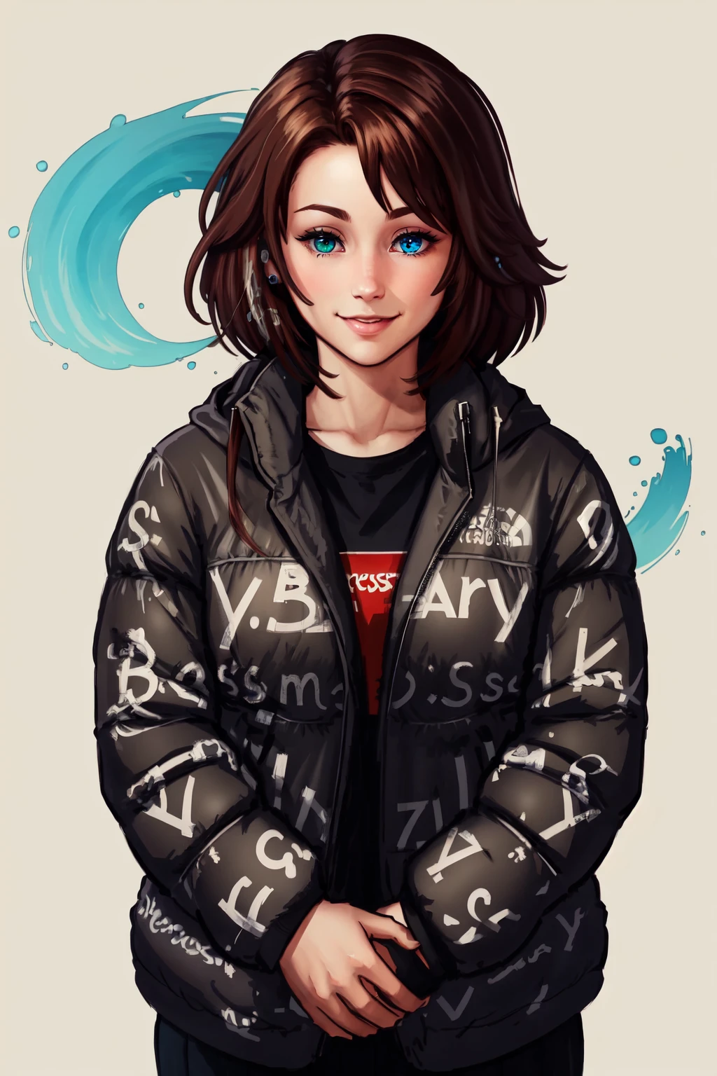 Highly detailed, High Quality, Masterpiece, Yuna, <lora:Yuna:0.7>, looking at viewer, heterochromia:1.3, brown hair, light smile, dripjacket, own hands together, <lora:Outfit_DripJacket:0.85>, (detailed face and eyes, blue eye:1.3)