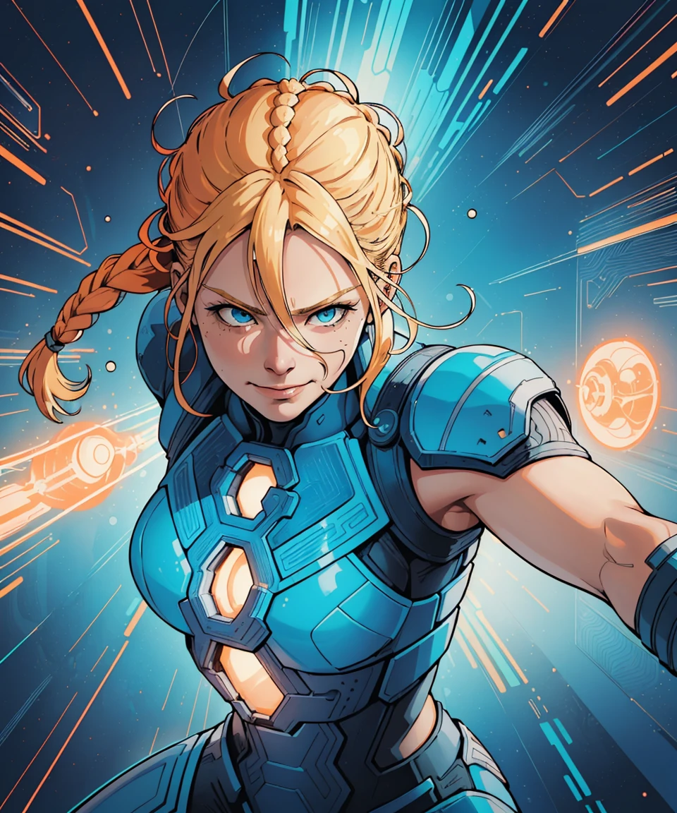 (original-art:1.2), (lineart:1.31),1woman, (scifi), blonde braided strong woman viking falling in futuristic portal,wrinkles,(depth),(movement:1.2),comic-style,snob smirk,(hyperdefined),intricate, cyan (white) orange,viking theme,complex-lighting,(fine-details:1.3),RAW-format,emotional,perfect-anatomy