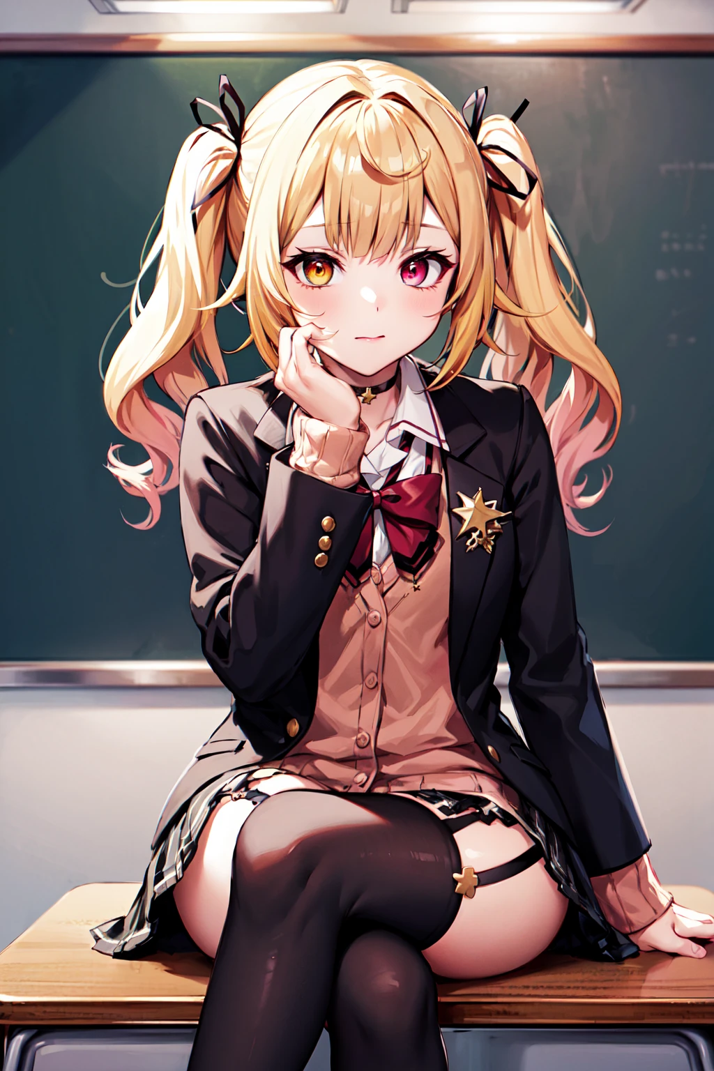 masterpiece, best quality, highres, hs1, red eyes, yellow eyes, twintails, hair ribbon, long sleeves, red bow, pink cardigan, black thighhighs, plaid skirt, black choker, garter straps, school uniform, black jacket, open jacket, <lora:hoshikawa_sara_v10:0.7>, cowboy shot, classroom, sitting, desk, crossed legs, hand on own face,