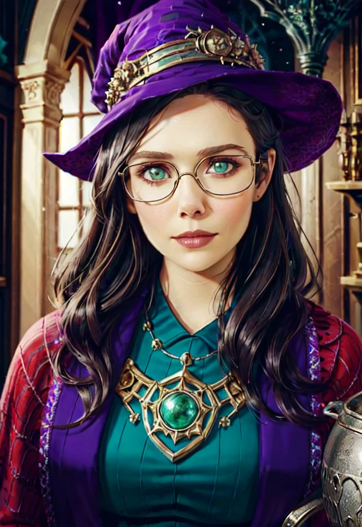 best quality, 1girl, elizabeth_olsen, lips, portrait of witch lady, round eyewear, glowing eyes, eye focus, short black hair, purple hat, ornate robe, dark medieval room indoors, cauldron with green potion, spider web, particles, fantasy