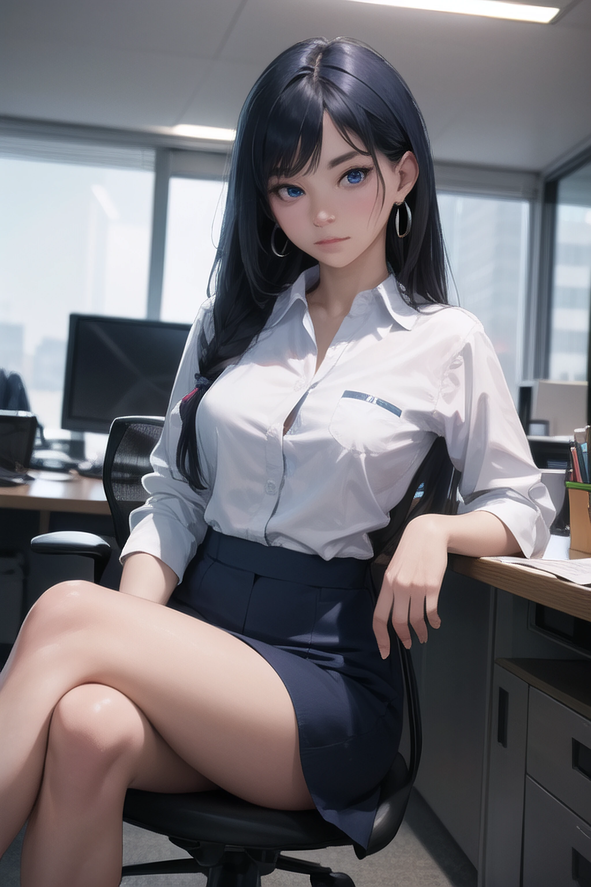 (realistic, masterpiece, highres, best quality, ultra detailed, detailed background:1.2), 1girl, very long dark blue hair, blue eyes, medium pointy breasts, narrow waist, stud earrings, pov, facing viewer, looking at viewer, office, sitting, on chair, crossed legs, sigh, office lady, partially unbuttoned dress shirt, head rest on hand,