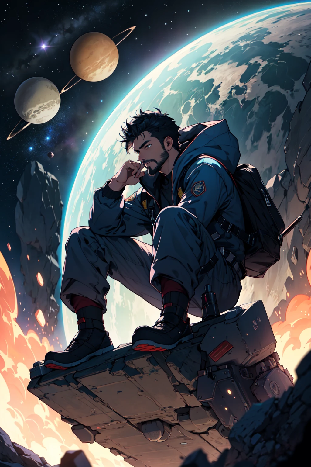 Draw a young programmer, sitting on a research platform floating in the middle of an asteroid belt. He is studying with a notebook, surrounded by several asteroids glowing with fiery auras. Dramatic lighting from distant stars and planets illuminates the scene, casting deep shadows on the suit. The young man looks confident and determined, looking at the vast and mysterious universe with wonder and respect,facial hair, cowboy shot,