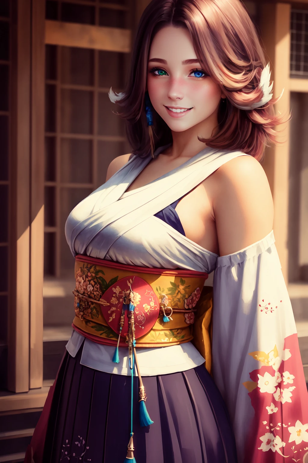 Highly detailed, High Quality, Masterpiece, YunaX, <lora:Yuna:0.7>, cowboy shot, smile, looking at viewer, hakama, kimono, heterochromia:1.3, (detailed face and eyes:1.3)