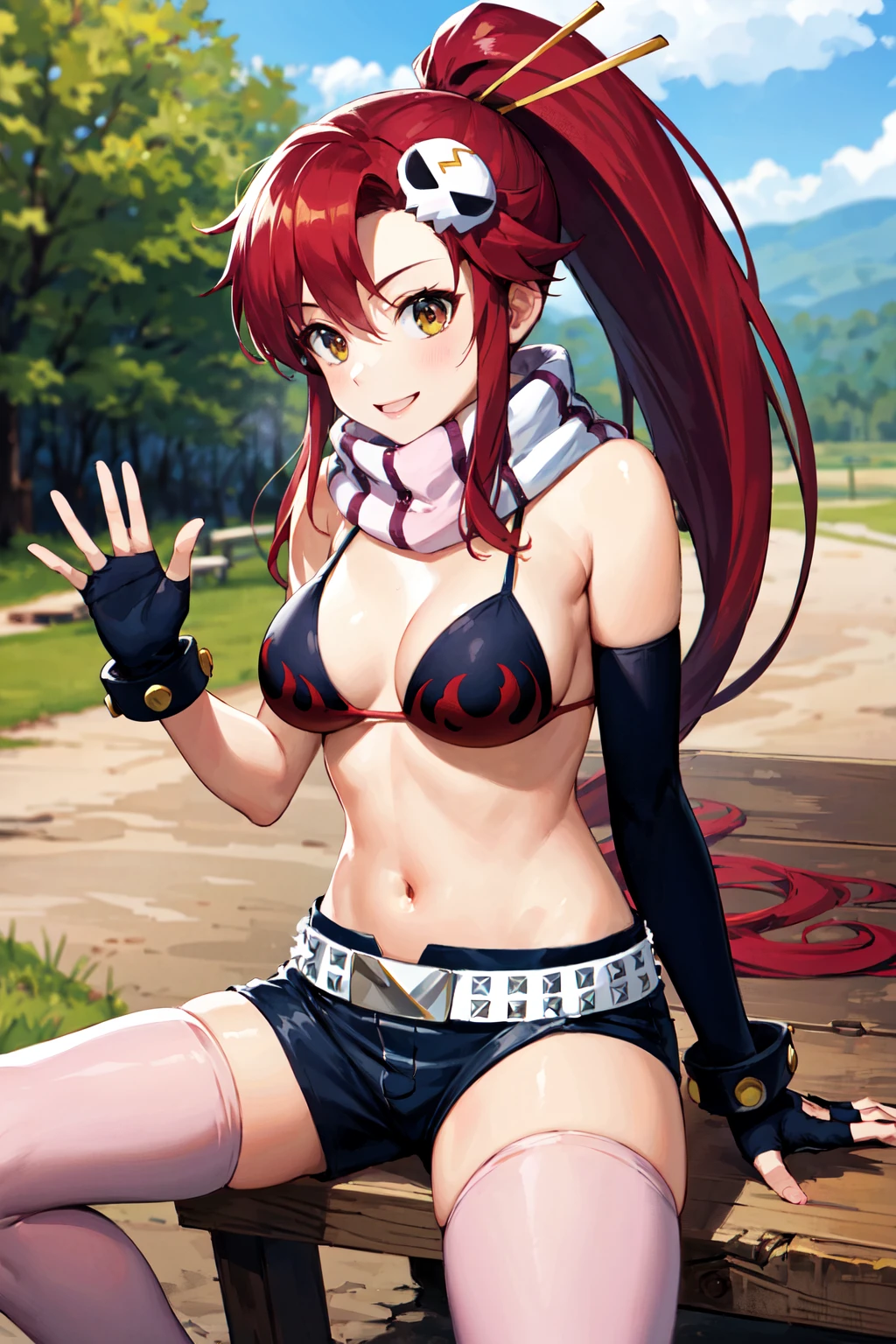 masterpiece, best quality, highres, yl1, ponytail, scarf, bikini top only, short shorts, midriff, belt, fingerless gloves, skull hair ornament, elbow gloves, pink thighhighs, <lora:yoko_littner_v1:0.7>, cowboy shot, outdoors, sitting, smile, waving