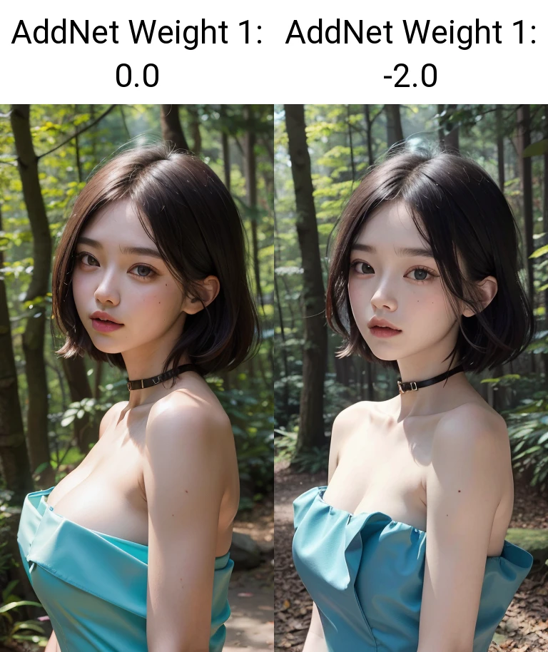 best quality, ultra high res, girl, upper body, strapless dress, forest