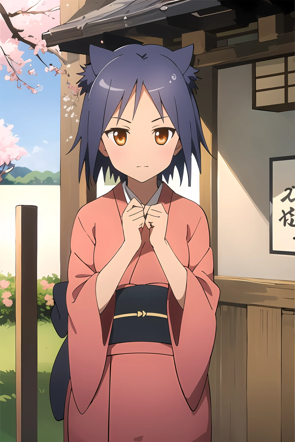 masterpiece, 1girl, galil ar \(upotte!!\), japanese clothes, kimono, shrine, cherry blossoms, outside, sunny, cherry blossom trees