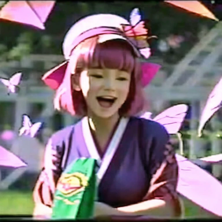 <lora:VHS3:1.0> , VHS, VHS footage of, distortion,  [glitch], 1girl, breasts, butterfly, closed fan, fan, folding fan, hat, japanese clothes, obi, open mouth, pink eyes, pink hair, ribbon, short hair, smile, triangular headpiece, wide sleeves