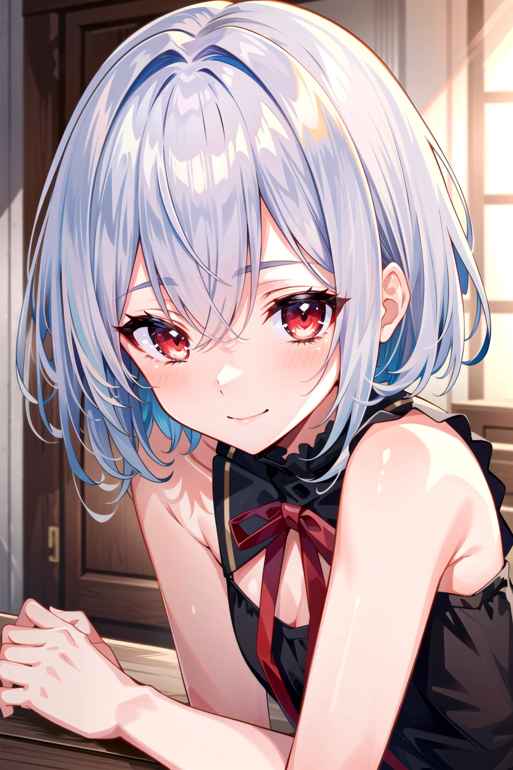 (masterpiece, best quality, high quality, highres, ultra-detailed), short hair, silver hair, red eyes, yandere, close-up, depth of field, indoors, seductive smile,