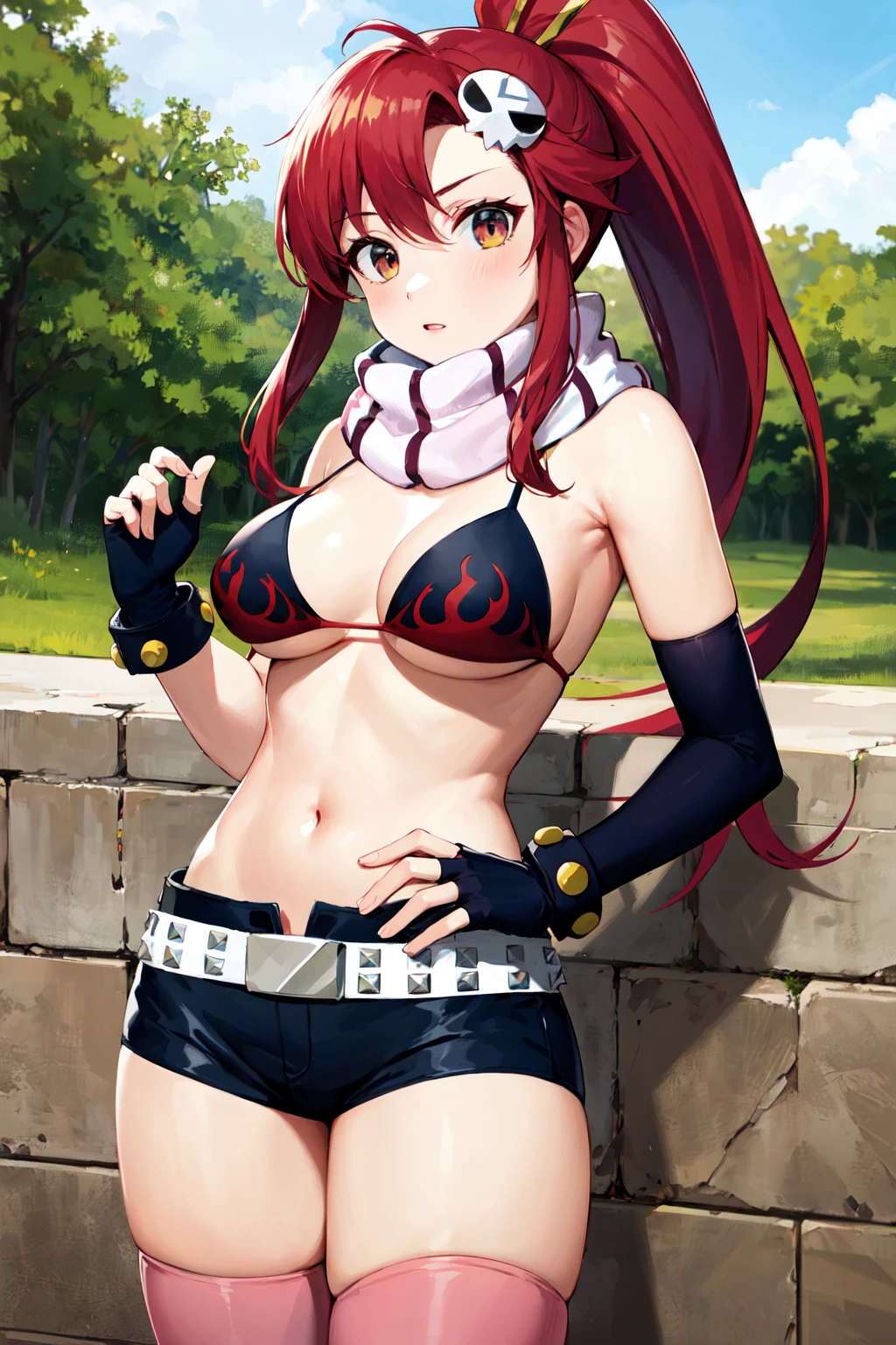 masterpiece, best quality, highres, yl1, ponytail, scarf, bikini top only, short shorts, midriff, belt, fingerless gloves, skull hair ornament, elbow gloves, pink thighhighs, <lora:yoko_littner_v1:0.7>, cowboy shot, outdoors, standing