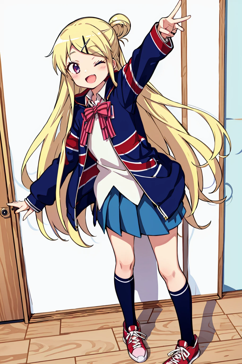 kujo karen, union jack jacket, striped bow, white shirt, long sleeves, pleated skirt, blue skirt, kneehighs, sneakers, full body, indoors, school, standing, smile, open mouth, one eye closed, <lyco:kujo-karen_v3:0.9>