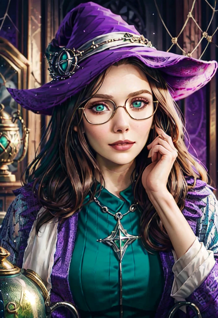 best quality, 1girl,  elizabeth_olsen, lips, portrait of witch lady, round eyewear, glowing eyes, eye focus, short black hair, purple hat, ornate robe, dark medieval room indoors, cauldron with green potion, spider web, particles, fantasy