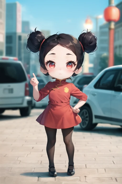 chibi, pucca, double bun, red dress, chinese clothes, black pantyhose,, frown, city <lora:pucca-000003:1>