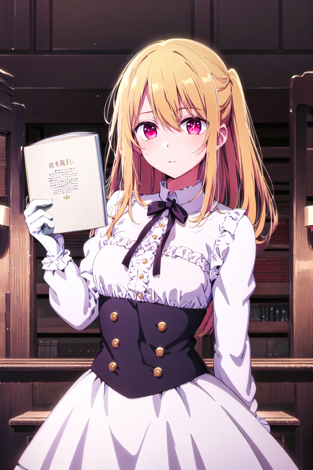 masterpiece, best quality, <lyco:Ruby3:0.7>, ruby hoshino, +_+, blonde hair, expressionless, looking at viewer, 1girl, solo,, detailed eyes,  upperbody, frilled dress, frilled sleeves, long sleeves, white gloves, frills, holding book, bookshelf, library,