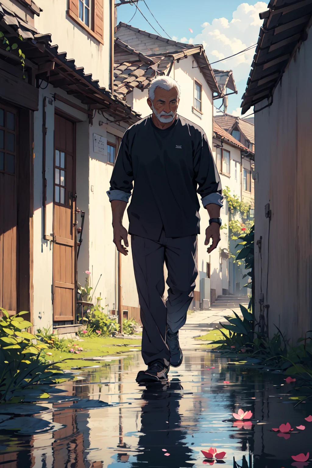 father,solo,walking in the sunlight,village,water drop,petals,