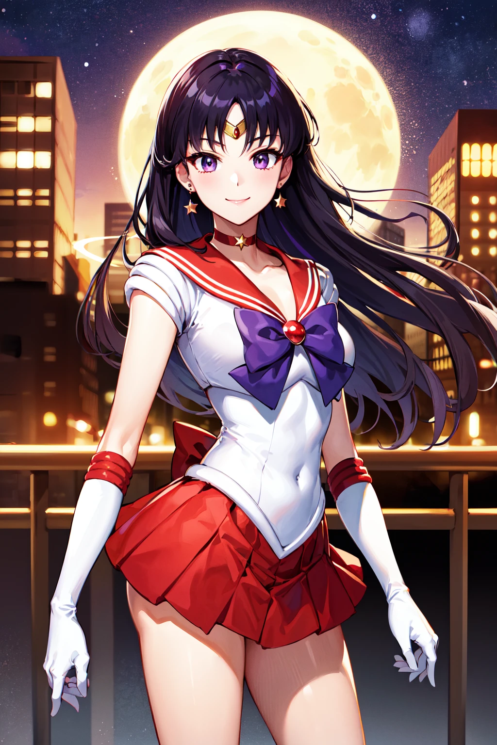 masterpiece, best quality, highres, sama1, tiara, skirt, sailor senshi uniform, white gloves, red sailor collar, red skirt, star choker, elbow gloves, pleated skirt, bare legs, purple bow, <lora:sailor_mars_v1:0.7>, cowboy shot, standing, smile, moon, city