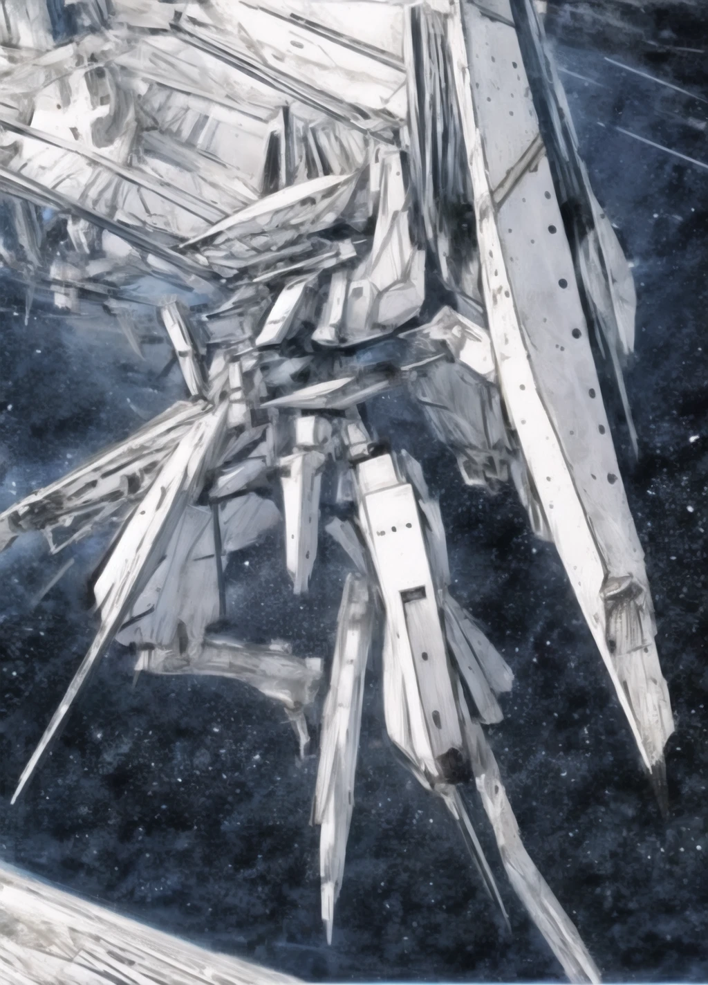 mecha,robot, <lora:morito-v1:1>,space,masterpiece, best quality, <lora:flat2:-1.5>, , sharp,,monochrome,