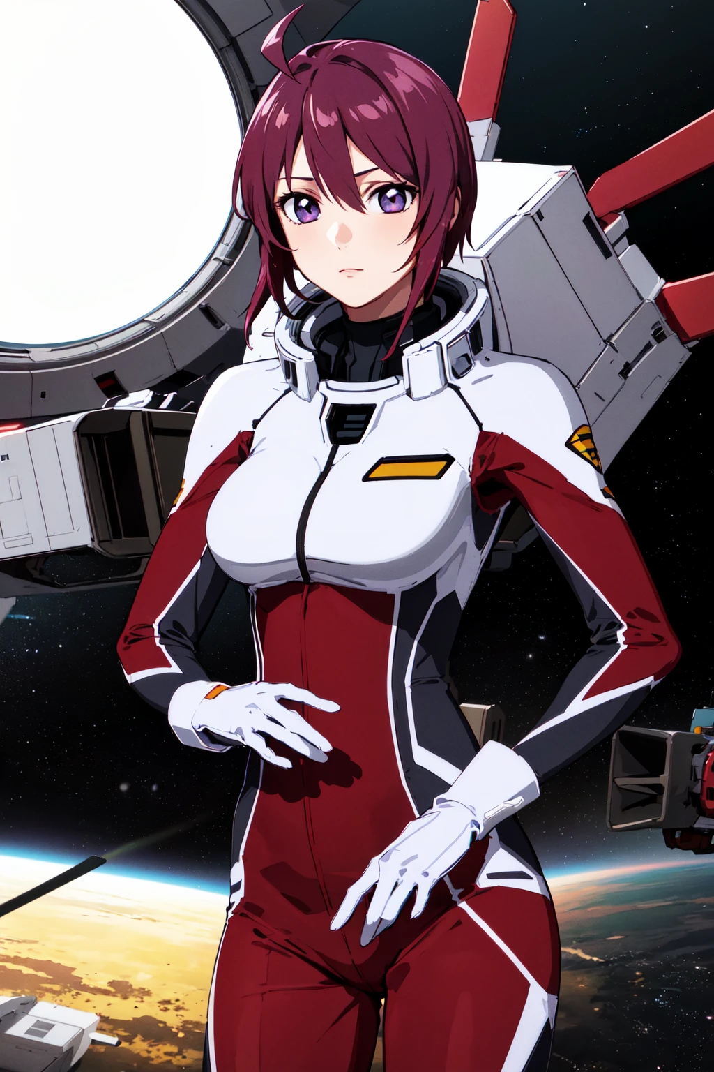 masterpiece, best quality, highres, 1girl, solo, short hair, ahoge, red hair, purple eyes, purple hair, pilot suit, gloves, <lora:lunamaria_hawke_v10:0.7>, cowboy shot, standing, spacecraft, indoors