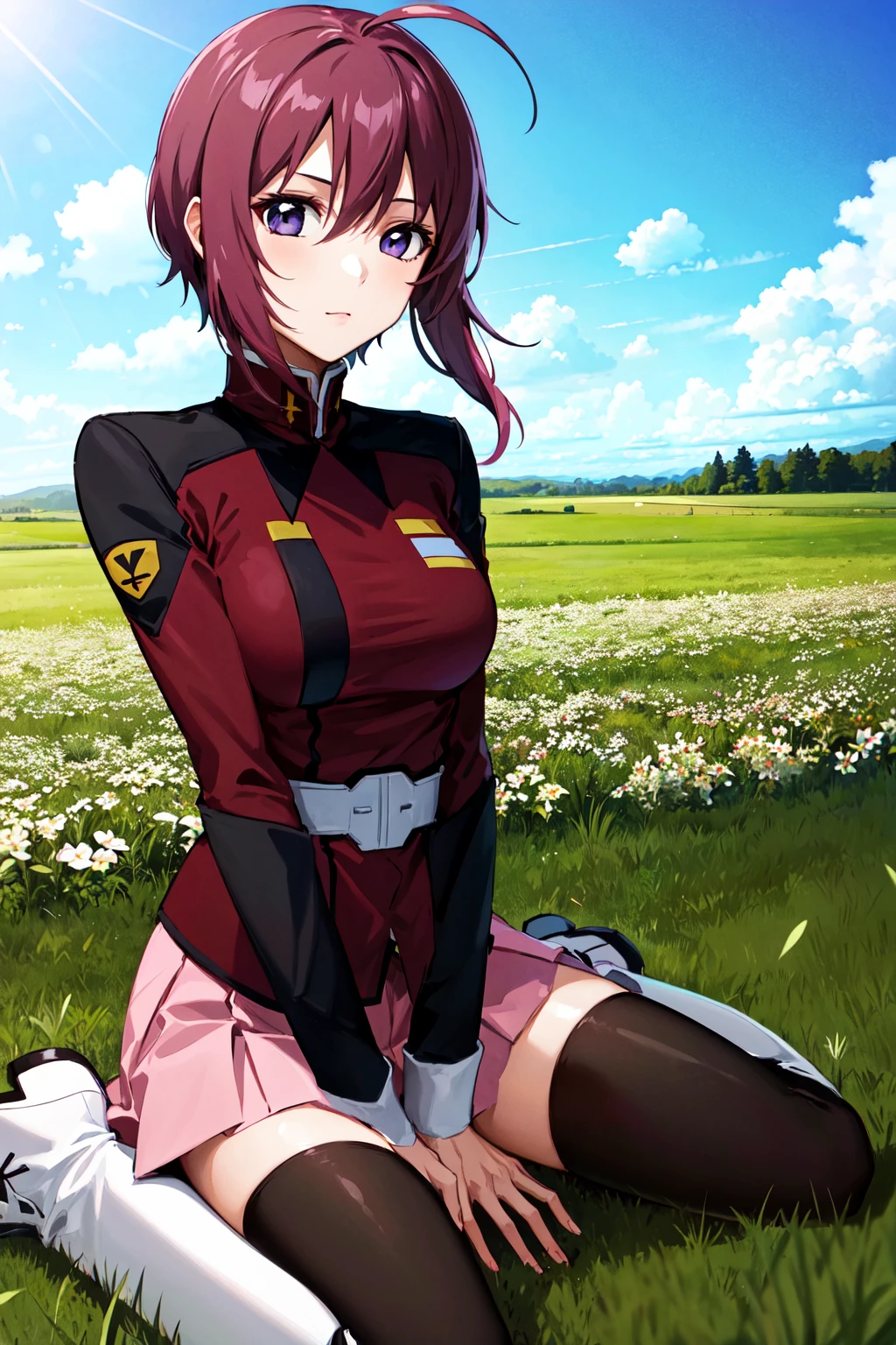 masterpiece, best quality, highres, 1girl, solo, pink skirt, military uniform, short hair, ahoge, black thighhighs, red hair, purple eyes, purple hair, long sleeves, <lora:lunamaria_hawke_v10:0.7>, field, grass, wariza, white boots,