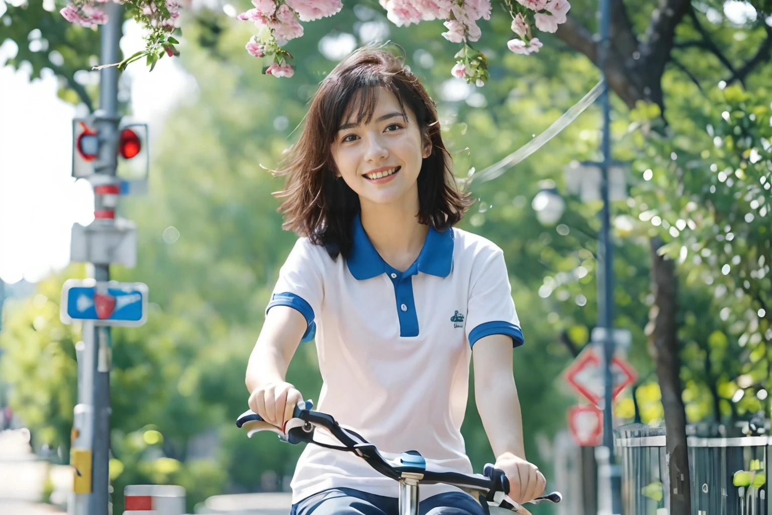 4k,high-res,masterpiece,best quality,sharp focus,(cinematic lighting),soft lighting,Depth of field,
The campus belle riding a bike down a street next to a tree filled sidewalk with a basket on the front,fix,white shirt with blue collar,flying short hair,bright smile,(young face:1.5),
<lora:FilmG2:1> <lora:white shirt with blue collar:0.5> <lora:faceA-05:0.4>,