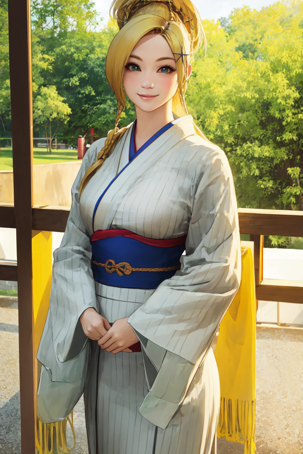 Highly detailed, High Quality, Masterpiece, beautiful, 1girl, Rikku, <lora:Rikku:0.8>, blonde hair, light smile, yukata, furisode, <lora:Outfit_Kimono:1>