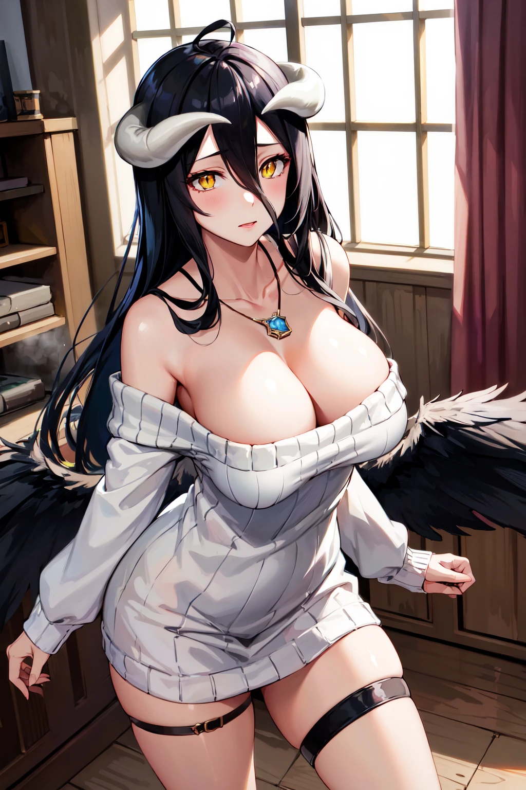 masterpiece, best quality, highres, al1, demon horns, slit pupils, cleavage, bare shoulders, jewelry, feathers, white dress, necklace, off-shoulder sweater, long sleeves, low wings, thigh strap, <lora:albedo_(overlord)_v10:0.7>, cowboy shot, indoor,
