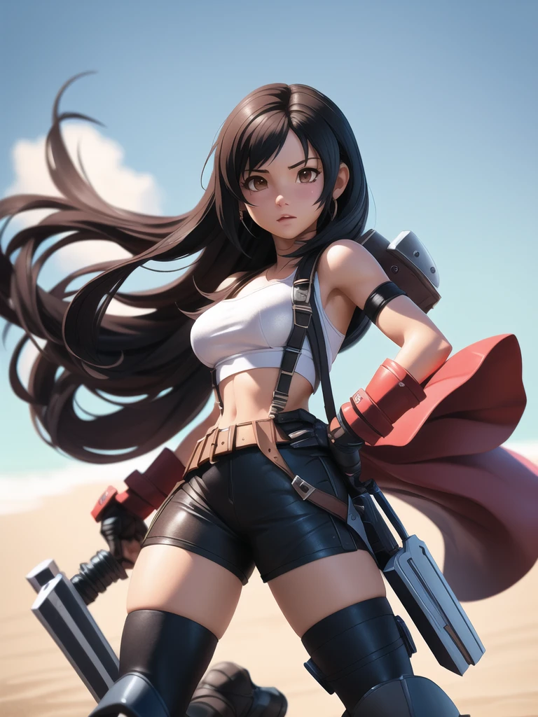 delicate colorful 3D PVC model of (tifa lockhart in final Fantasy 7 series),(long black hair), mini short with coat style clothes, detail hair, fluttering in the wind , sharp details, details face, detail eyes , intricate details, ultra-realistic,digitally enhanced,3d reference background, 8k resolution, unapologetic grit, overexposure,sharp focus , UHD, 8K