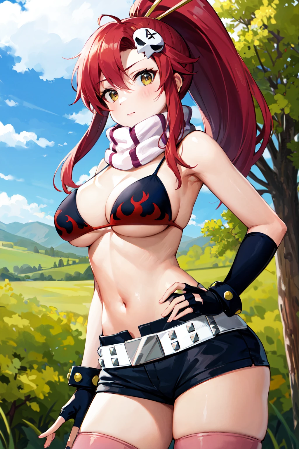 masterpiece, best quality, highres, yl1, ponytail, scarf, bikini top only, short shorts, midriff, belt, fingerless gloves, skull hair ornament, elbow gloves, pink thighhighs, <lora:yoko_littner_v1:0.7>, cowboy shot, outdoors, hand on hip,