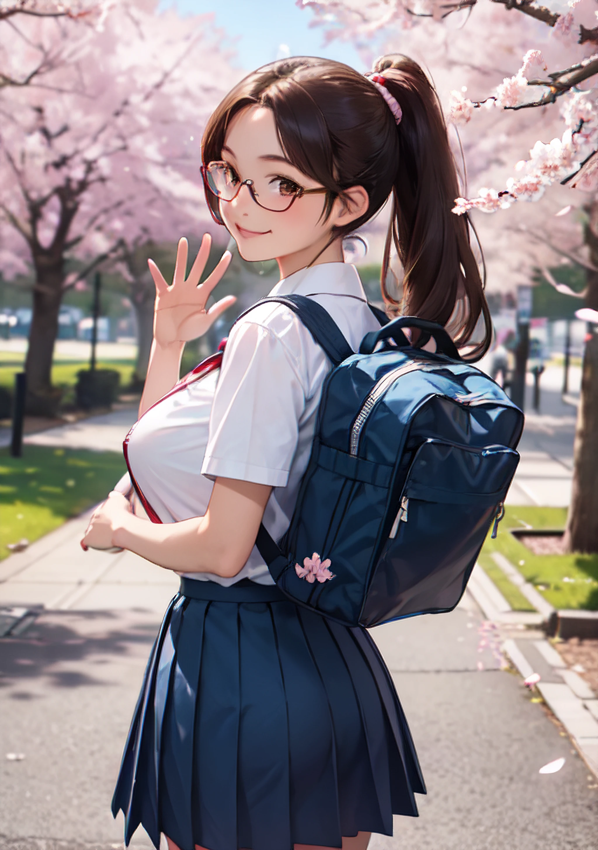 (anime, masterpiece, highres, best quality, ultra detailed, detailed background:1.2), 1girl, long brown hair, wide ponytail, brown eyes, pale skin, large sagging breasts, semi-rimless eyewear, school uniform, school bag, blue skirt, wind, cherry blossoms, looking back, from behind, smile, waving,