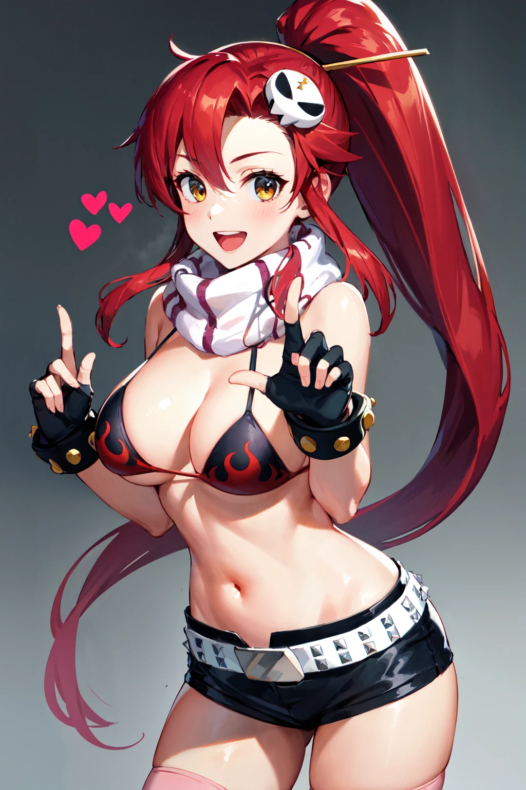 masterpiece, best quality, highres, yl1, ponytail, scarf, bikini top only, short shorts, midriff, belt, fingerless gloves, skull hair ornament, elbow gloves, pink thighhighs, <lora:yoko_littner_v1:0.7>, cowboy shot, moor, smile, open mouth, heart hands,